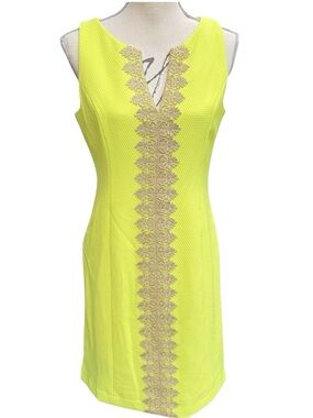 Pappagallo Chartreuse Yellow/Gold Applique Sleeveless V Neck Textured Dress (6)